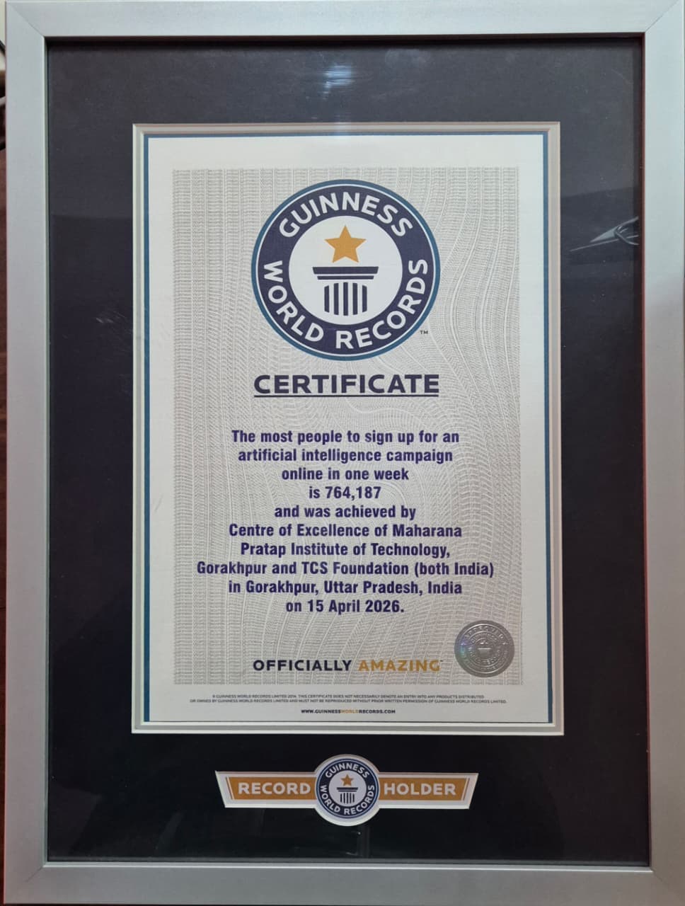 Guinness World Record Certificate – Centre of Excellence MPIT